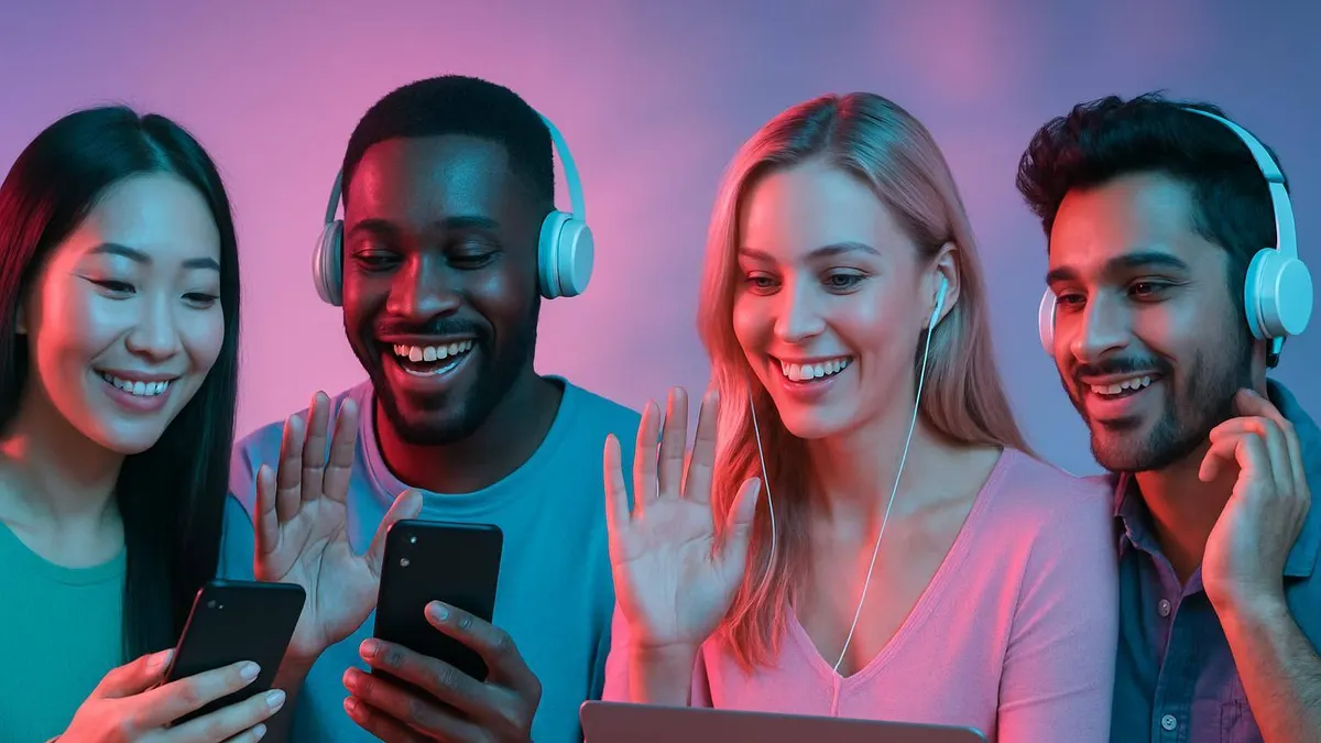 Young adults from various countries using smartphones to video chat under bright cyan and pink lighting