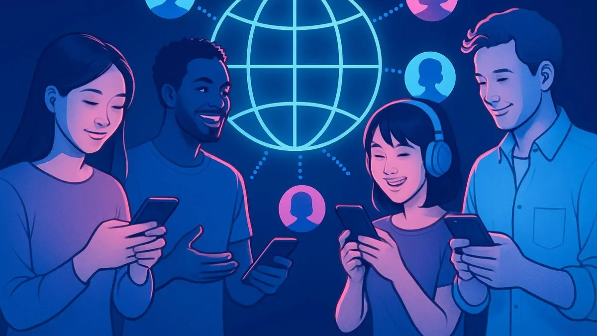 Young adults from different countries chatting and enjoying global friendships on their smartphones, set against a trendy neon-lit background.
